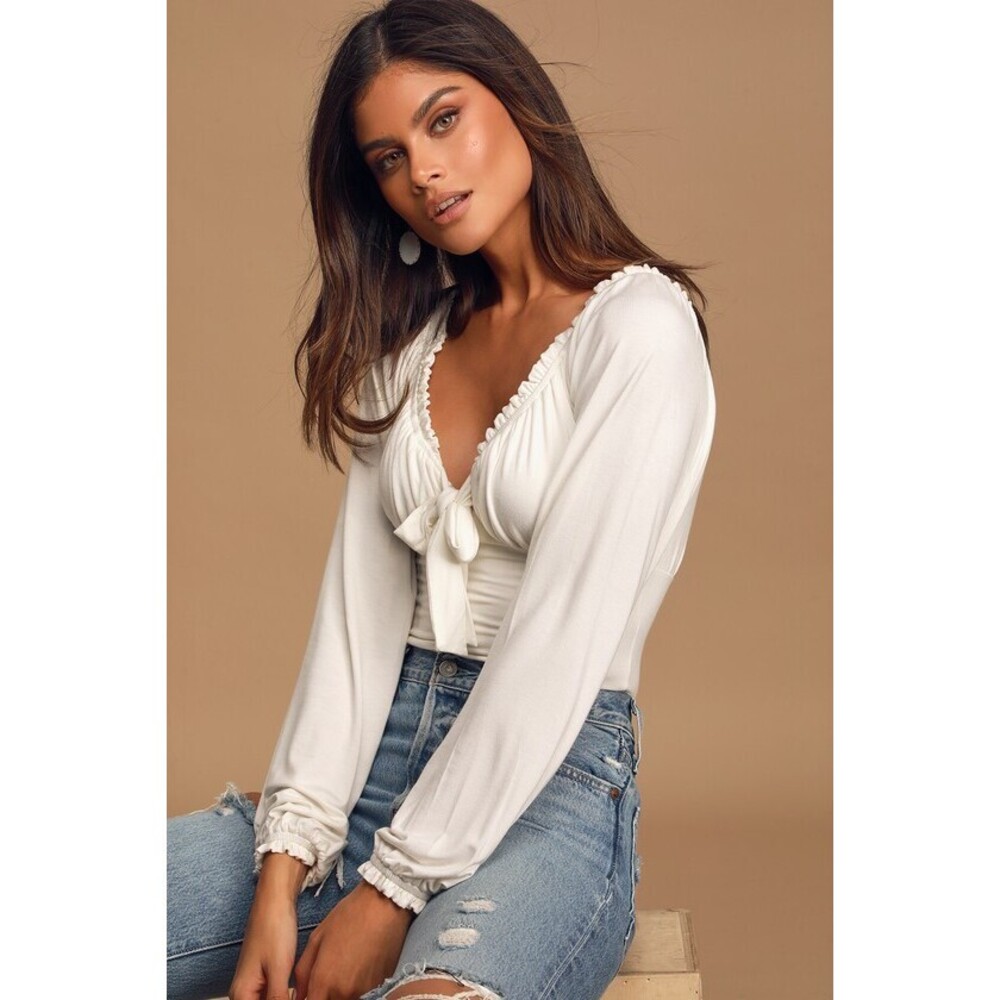 Lulus After Your Heart Ivory Long Sleeve Ruffled Bodysuit White - Size XL